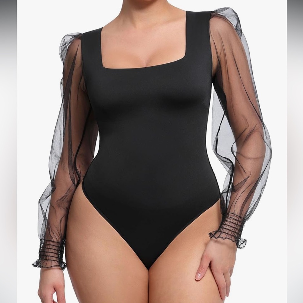 Black Square Neck Bodysuit with Sheer Organza Sleeves – Size Medium